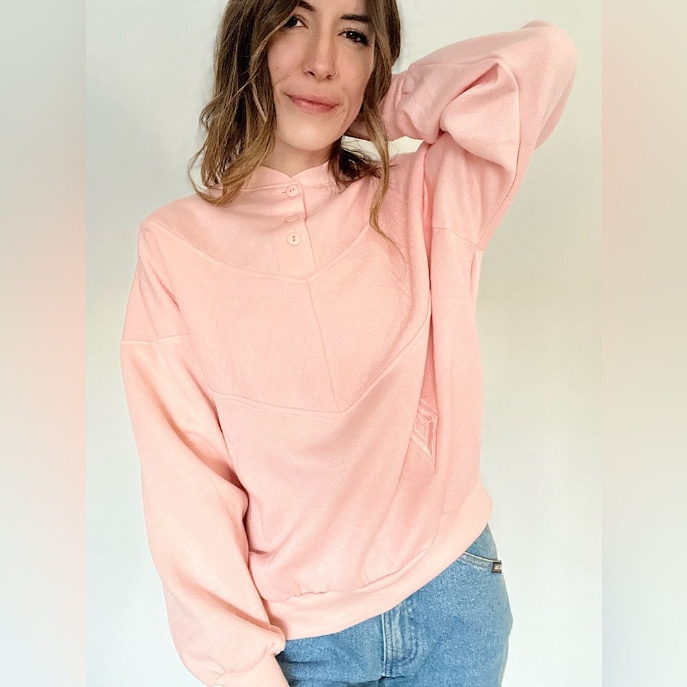 90s Vintage Choices From Gitano Pink Embroidered Crewneck Button Front Sweater